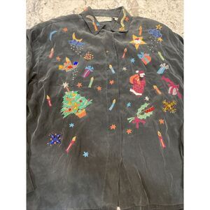 Vintage Havana Hero Group Button Top Womens 12 Silk Black Beaded Christmas Santa